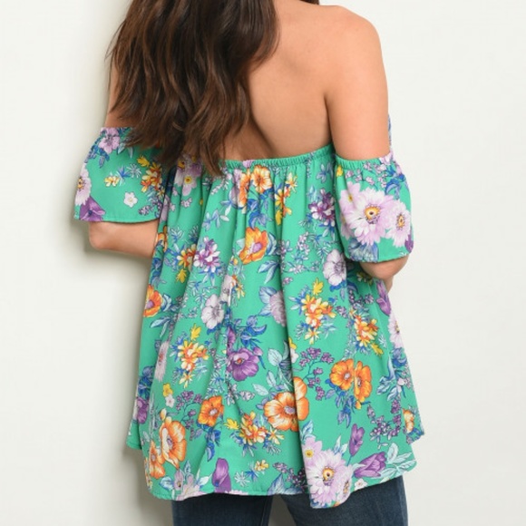 GIRLY & FLIRTY MINT FLORAL OFF SHOULDER TOP - Picture 2 of 5